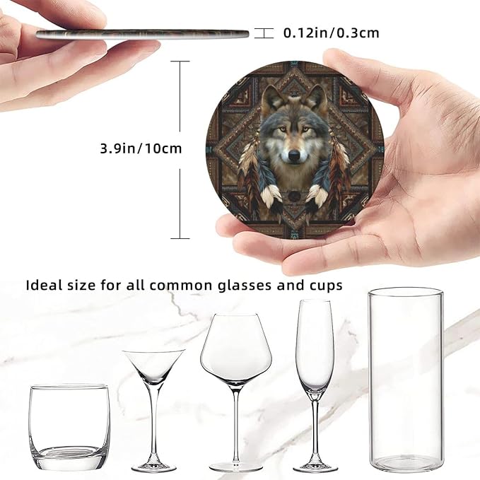 6 Pack Native American Wolf Feathers Leather Coasters - Image 5