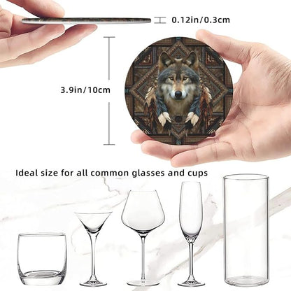 6 Pack Native American Wolf Feathers Leather Coasters - Image 5