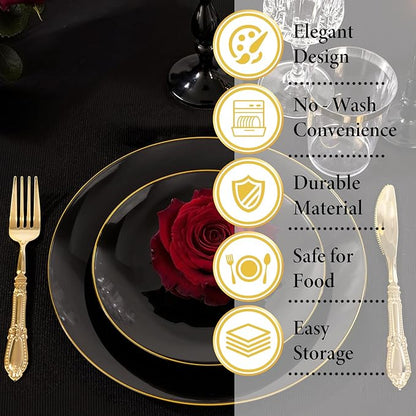 Nervure 100PCS Black and Gold Plastic Plates - 10.25 inch Black Disposable Plates - Gold Rim Dinner Plate - Black Dinner Plate Ideal for Wedding & Party