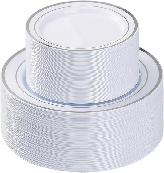 BESTVIP 100PCS Silver Plastic Plates, Disposable Party Plates with 50 Dinner Plate and 50 Dessert Plate for Party, Wedding and Birthday