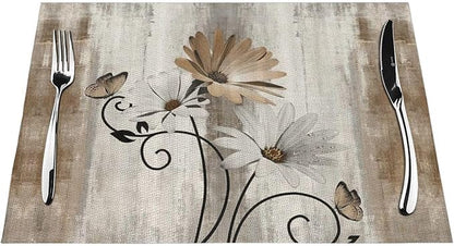 Floral Place mats Set of 4, 12x18 Inches Rustic Brown Daisy Flower Decorative Placemats Rectangle Floral Table Mats for Party Home Kitchen Dining Table Decoration