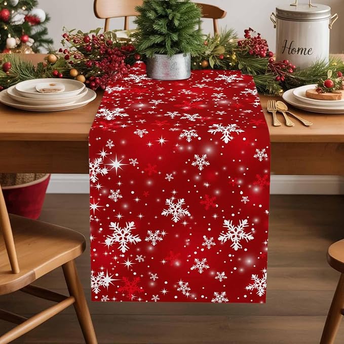 Red Christmas Table Runners 120 Inches Long, Cotton Linen Fabric Snowflake - Image 5