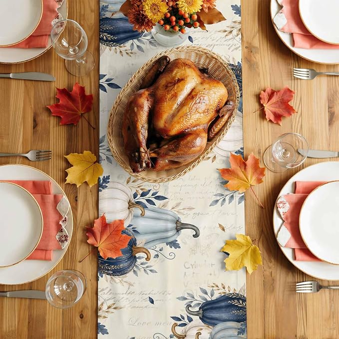 Blue Pumpkins Fall Table Runner 72 Inches Long, Thanksgiving Eucalyptus Leaves - Image 4