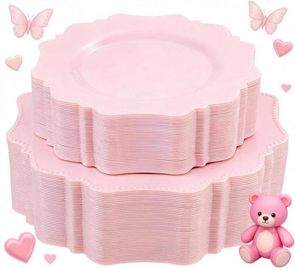 COLOSUS 100 pcs Pink Plastic Plates Set, Nice Disposable Plates,Pink Disposable plates Set for 50 Guest include 50 Dinner Plate 10.5 &50Dessert plates 8.25 for Party,Wedding, Birthday, Valentine's Day