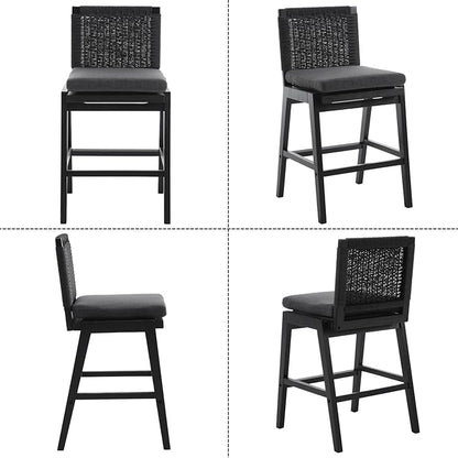 Carbon Black Bar Stools Set of 4, 27.3 Inch Counter Height Stools Upholstered Linen Armless Bar Chairs with Woven Rope Backrest Wooden Legs for Kitchen Island Dining Room