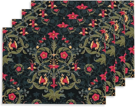 12"x18" Black Navy Red Flowers Damask Leaf Vintage Placemats Set of 4 Washable Thick Place Mats Kitchen Table Mats Decorative Linen Fabric Table Mat for Dining Table Kitchen Home Decor