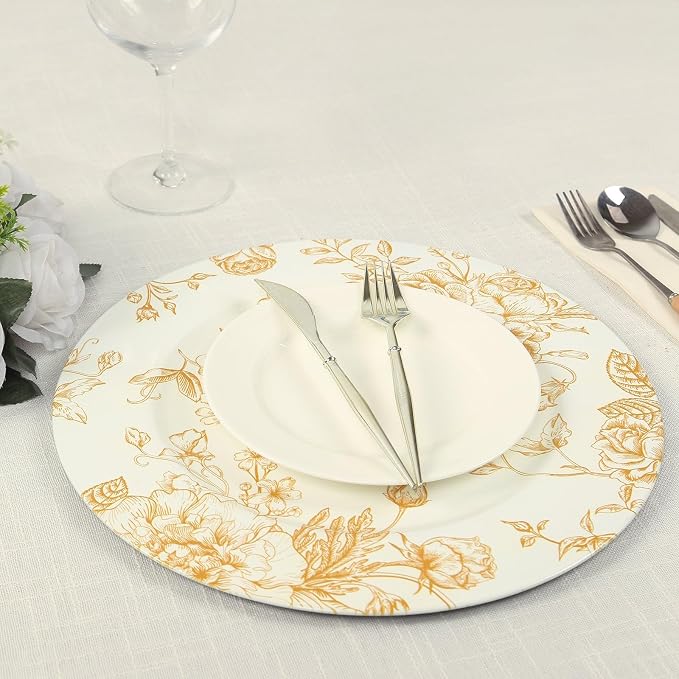 Efavormart 6 Pack White Gold Floral Acrylic Charger Plates in French Toile - Image 8