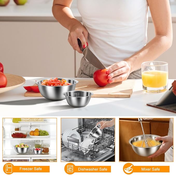 5 Pack Stainless Steel Bowls, Mixing Bowls Set with Scale Marks, 5 Different Size (4.5, 3,2,1.5,0.7QT) Nesting Baking Salad Bowls for Kitchen Cooking Baking(5)