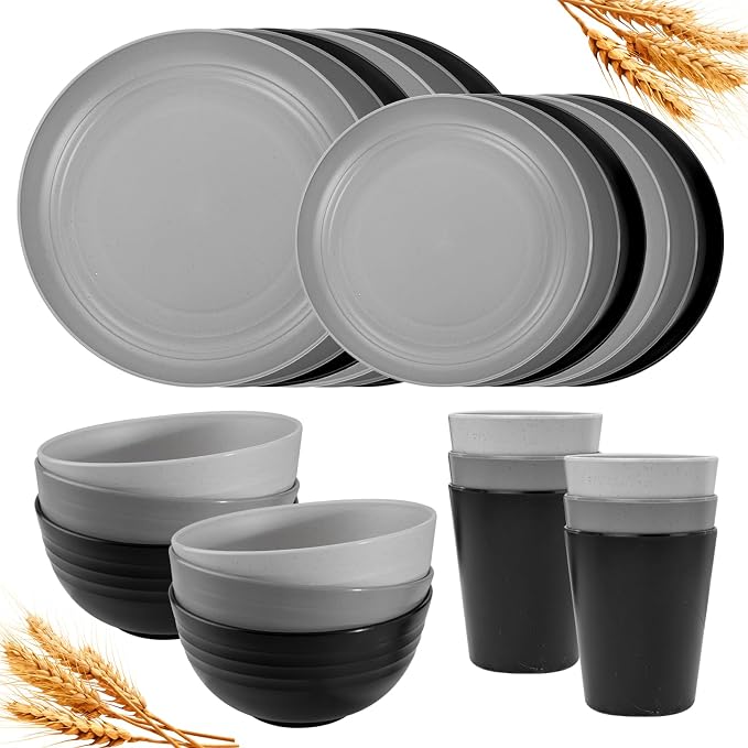 Rubtlamp 24Pcs Kitchen Plastic Wheat Straw Dinnerware Set, Dinnerware Sets by Rubtlamp