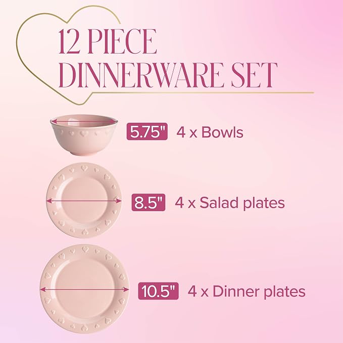 Paris Hilton 12-Piece Dinnerware Set, Embossed Hearts. Iconic Ceramic Stoneware - Image 5