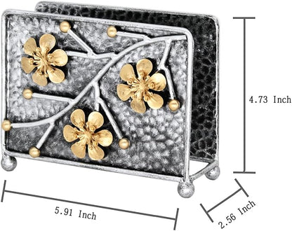 OwlGift Sakura Napkin Holder, Cherry Blossom Design Metal Freestanding Tissue Dispenser Organizer Iron Tabletop Paper Napkin Holder Stand for Home Kitchen Restaurant Picnic Party, Silver