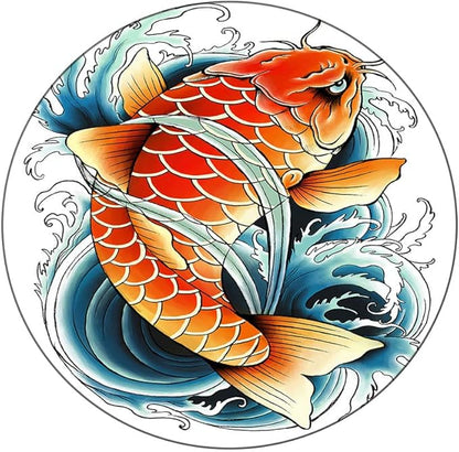 Round Edge Closing Tablecloth, Koi Fish Elastic Edged Tablecloth, Tattoo Style Japanese Wave, Fit Round Tables 39inch Diameter, for Restaurant Picnic Indoor and Outdoor Use, Multicolor
