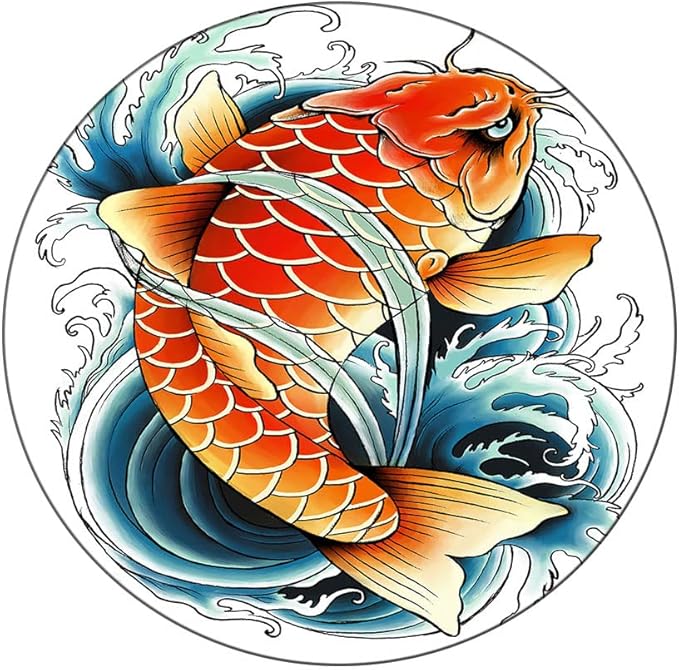Elastic Tablecloth, Koi Fish Decorative Fabric Table Cover for, Tattoo Style Japanese Wave, Fit Round Tables 48inch Diameter, for Indoor Outdoor Fits, Multicolor