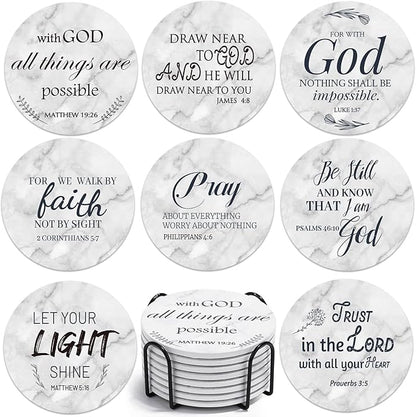 Billbotk Ceramic Coasters with Bible Verses, Coasters Set of 8 with Holder, Absorbent Drink Coasters for Home Decor and Christian Gifts, 4 Inches