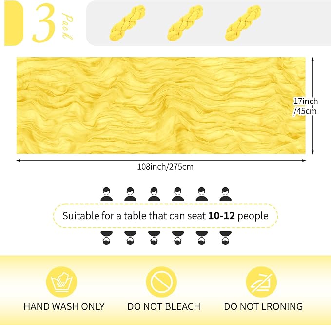 3 Pack Lemon Yellow Cheesecloth Table Runner 17x108 Inch Semi Sheer Boho Gauze - Image 2