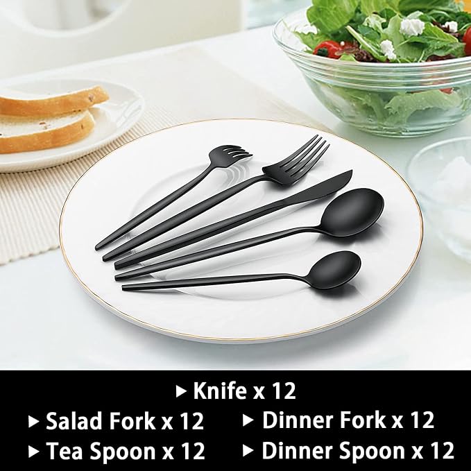 60-Piece 12 Setting Black Silverware, Food-Grade Stainless Steel Flatware - Image 5