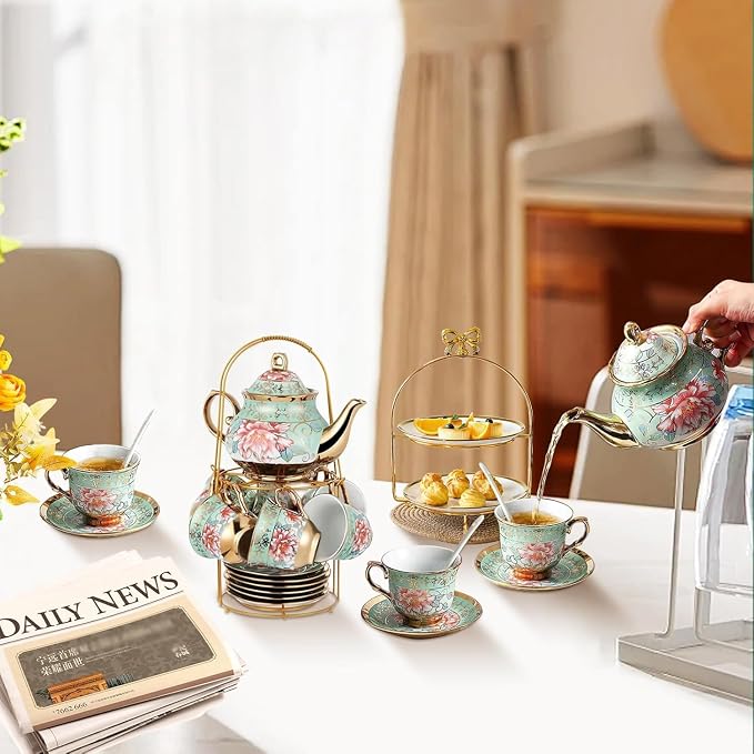 20Pcs Porcelain Tea Set with Metal Holder and Spoons, Floral Tea Sets - Image 6