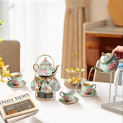 20Pcs Porcelain Tea Set with Metal Holder and Spoons, Floral Tea Sets - Image 6