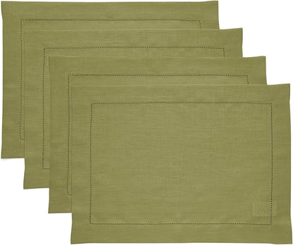 Solino Home Linen Placemats Set of 4 - Classic Hemstitch Avocado Green Placemats 14 x 19 Inch - 100% Pure Linen Table Mats for Winter, Spring, Easter, St Patricks Day