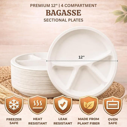 Urban Box Co. 12-Inch 4-Compartment Compostable Plates, Heavy-Duty Eco-Friendly Sugarcane Fiber, Biodegradable & PFAS-Free, BPI-Certified, Compostable Dinner Plates, 150 Pack