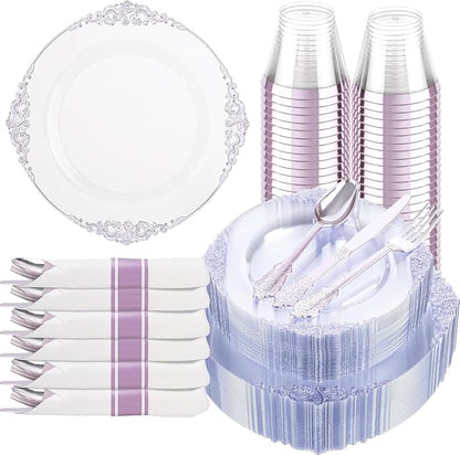 175 Pcs Clear Purple Plates for Party | Party Plates Set for 25 Guests by Hioasis