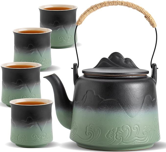 ZENS Japanese Teapot Set with 4 Cups, 33.8oz Loose Leaf Clay Teapot | Embossed by ZENSLIFESTYLE