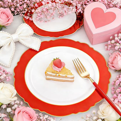 WDF 60pcs Red Valentines Plates with Gold Rim - 10.25inch Red Dinner Plates Disposable Plates Table Decor for Valentine's Day