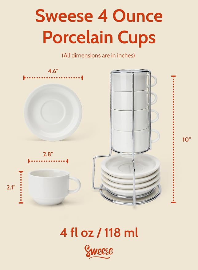 Sweese Porcelain Espresso Cups Set, 4 oz Stackable Cups - Image 2