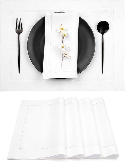 D'Moksha Homes White Linen Placemats Set of 4 - Classic Hemstitch Placemats 14 x 19 Inch - 100% Pure Linen Table Mats for Valentines, Spring, Easter - Handcrafted and Machine Washable