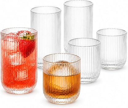 Ribbed Drinking Glasses 6pcs, Rocks Drinking Glasses 12oz and 10oz, Tumbler by Lumkit