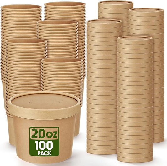 Fulmoon 100 Pack Paper Soup Containers with Lids Disposable Paper Food Containers with Vented Lid Kraft Ice Cream Cake Dessert Cups Soup Bowl for Party Hot Food Fruit Microwave(20 oz,Brown)