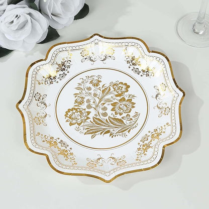 50 Pack 8" White Gold French Toile Dessert Plates, Disposable Round Paper Floral Pattern Appetizer Salad Plates 300 GSM for Party Decoration