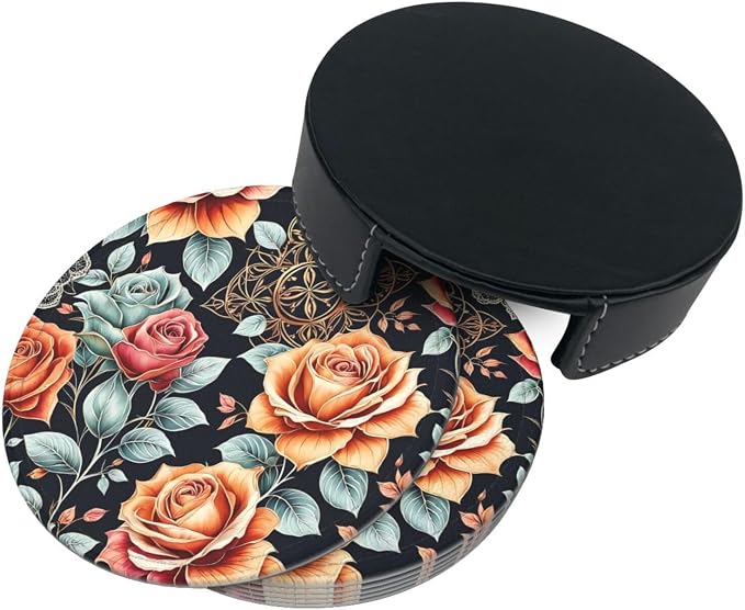 Drink Coasters with Holder Stand Set of 6, Roses Flower Vintage Pu Leather - Image 7