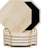 Octagonal Travertine Coasters Set of 6 with Gold Holder, Farmhouse Rustic Neutral Style Coaster for Home Table Decor, Porous Natural Travertine Absorbent Drink Coasters, Velvet Backed