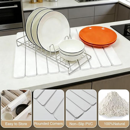 Large Stone Drying Mat for Kitchen Counter, Collapsible Dish Drying Mat Quick Drying Super Absorbent Diatomaceous Earth Mat, Drain Pad for Dishes Bottles Cups Match Any Countertop 24" x 16"