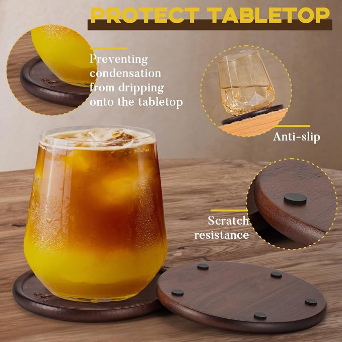 Wood Coasters with Leather Holder, GOH DODD Set of 8 Walnut Wooden Coaster - Image 6