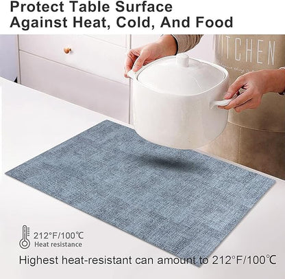 Leather Heat Resistant Placemats Set of 6 Waterproof Wipeable Washable PU Table Mats,Easy to Clean Anti-Slip Place Mats (Blue, 6)