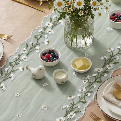 Artoid Mode Daisy Floral Sage Green Shaped Gauze Embroidery Table Runner 120 - Image 3