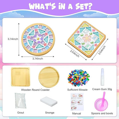 Airsnigi 10 Set DIY Mosaic Tiles for Crafts Mixed Color Mosaic Kits with Wooden Coasters Handmade Glass Coasters Crafts Set for Drinks Tray Handmade Home Decoration Christmas Gift
