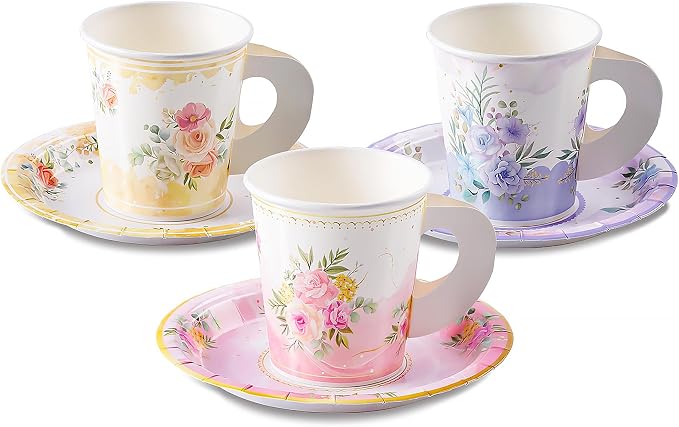 HOMIX 24 Paper Tea Cups and Plates, 7 OZ Disposable Teacups and Saucer Sets | by HOMIX