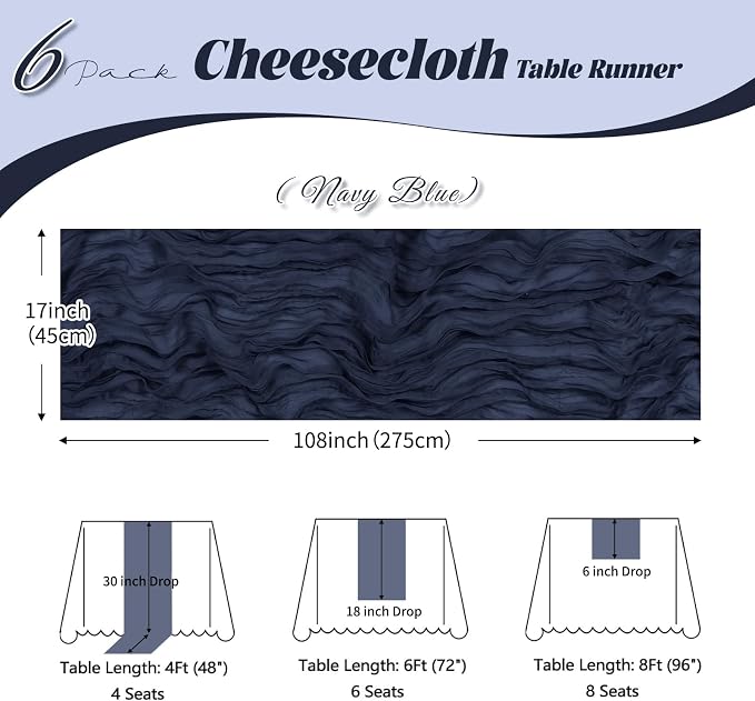 6 Pack Navy Blue Cheesecloth Table Runner, 17 x 108 inch, Semi Sheer Boho - Image 3