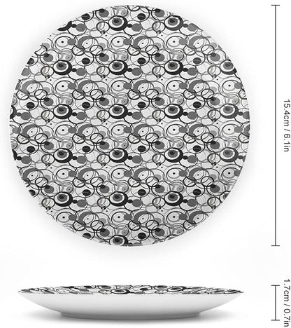 Ceramic Display Plate, Abstract Ceramic Hanging Decorative Plate, Monochrome Circles Dots Surreal Geometric Modern, 7 Inch, Living Room Kitchen Decoration Household, Grey Black White