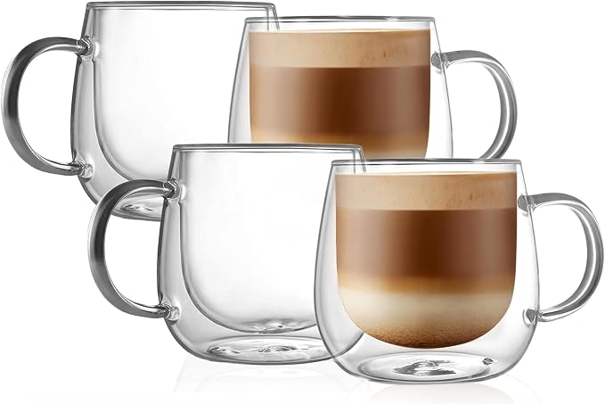 CNGLASS 16oz Double Walled Glass Coffee Mugs, Large Clear Coffee Cups by CNGLASS