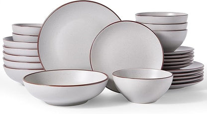 Famiware Venus Speckled Dinnerware Set with Pasta Bowls, Service for 6 (24 Pieces), Stoneware Plates and Double Bowls Sets, Microwave & Dishwasher-Safe Dishes with Trim, Matte Light Grey