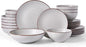Famiware Venus Speckled Dinnerware Set with Pasta Bowls, Service for 6 (24 Pieces), Stoneware Plates and Double Bowls Sets, Microwave & Dishwasher-Safe Dishes with Trim, Matte Light Grey