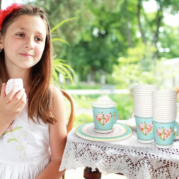 Whaline Tea Party Tableware Supplies Serves 24 Floral Tea Party Disposable - Image 5
