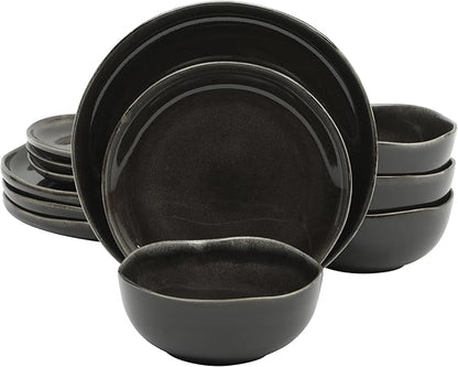 Gibson Elite Nardini 12 Piece (Service for 4) Plates and Bowls Reactive Glaze Dishes Stoneware Ceramic Dinnerware Set - Black