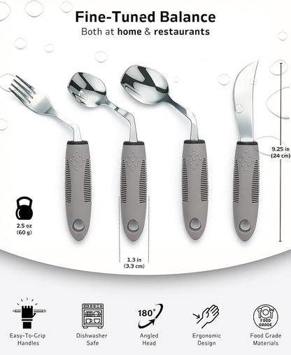4-Piece Adaptive Utensils Set with Rocker Knife & Shovel Spoon - 42° Angled Parkinsons Utensils, 2.5 oz Weighted Silverware for Hand Tremors and Arthritis, Adaptive Eating Utensils (Grey Right-handed)