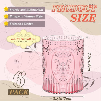 Qinyoung 6 Plastic Vintage Drinking Glasses 8.5oz Stemless Retro Embossed Wine - Image 3