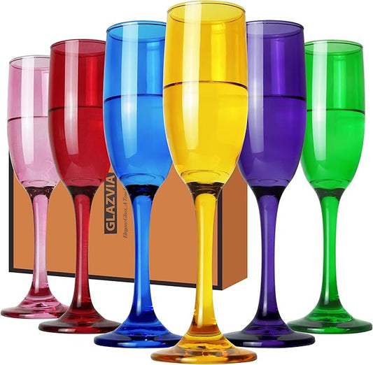 Champagne Flutes Glasses Set of 6-6oz Multi Colored Glass, Unique Colorful Long Stem Champagne Flute Gift for Wedding, Anniversaries, Parties, Birthday, Restaurant, Home Bar